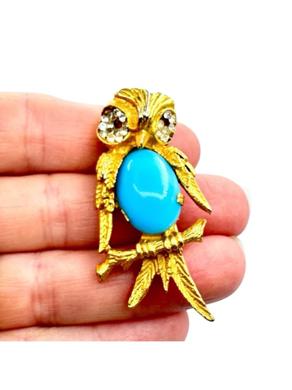 Vintage Bijoux Cascio Owl Brooch Gold-Tone Figural Blue Art Glass Belly Italy - Picture 6 of 9